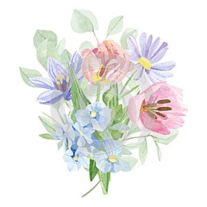 Watercolor floral bouquet illustration with tulips, wildflowers, green leaves, for wedding stationery, greeting card