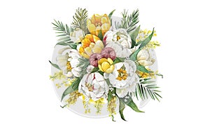 Watercolor floral bouquet illustration - white and yellow flower tulip, green leaf leaves branches bouquets collection. Wedding