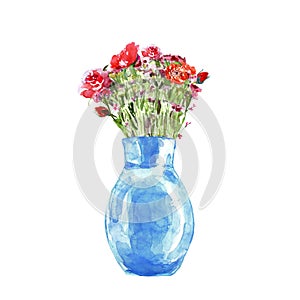 Watercolor floral bouquet with red flowers in blue vase. Hand painted botanical illustration