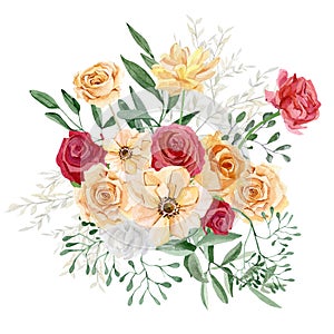 Watercolor floral bouquet, red and peach flowers roses and peonies, eucalyptus leaves. Autumn floral design for wedding invitation