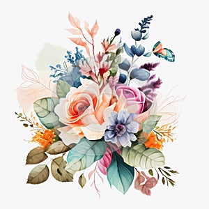 Watercolor floral bouquet on white background. Generative ai