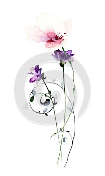 Watercolor floral bouquet on white background. Violet small flowers, pastel pink poppy, blue curl twigs, wild herbs.