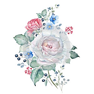 Watercolor Floral Bouquet with White and Pink Roses, Forget-me-not Flowers
