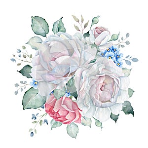 Watercolor Floral Bouquet with White and Pink Roses and Forget-me-not Flowers