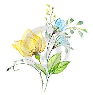 Watercolor floral bouquet with yellow rose and blue snowdrops. Abstract composition with Ukrainian flowers and leaves
