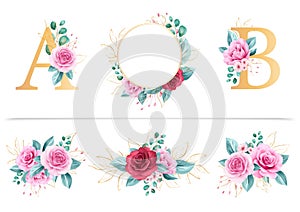 Watercolor floral bundle of floral frame, floral alphabet, and floral arrangements