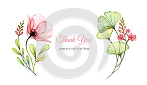 Watercolor floral card. Abstract poppy flower with ginkgo leaves in arch shape. Thank you card template with custom text