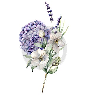 Watercolor floral card with bouquet of hydrangea, anemone, artichoke and lavender. Hand painted holiday flowers isolated