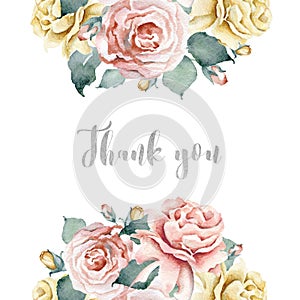 Watercolor floral card template with pink and tea roses