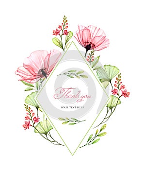 Watercolor floral card template. Vertical rhomb frame. Transparent poppy flowers and Thank You text. Hand painted spring photo