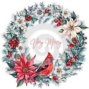 Watercolor Floral Christmas Wreath with Cardinal Bird