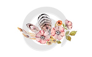 Watercolor floral composition. Pink and golden rustic flowers bouquet: rose hip, briar, leaves, feathers, isolated on