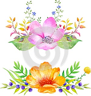 Watercolor floral composition. Romantic set of hand drawn plants, berries and flowers for design.
