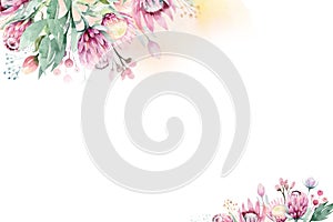 Watercolor Floral decoration spring summer background with blossom protea flower. Wedding decoration frame with floral