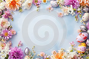 Watercolor Floral and Easter Egg Wreath. A delicate wreath of watercolor flowers and Easter eggs on a serene blue