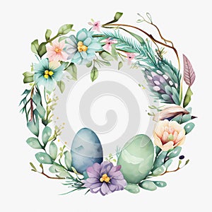 Watercolor floral easter wreath with flowers and leaves. Generative ai