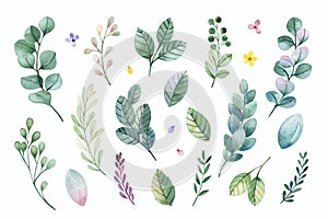 Watercolor floral elements.Set with branches and leaves.