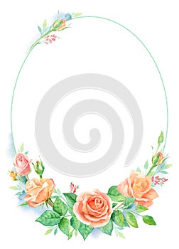 Watercolor floral ellipse frame with roses, leaves isolated on white background. Floral greeting card or invitation