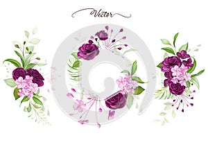 Watercolor floral frame and arrangements elements of purple roses