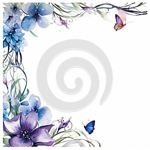 watercolor floral frame with blue and purple flowers and butterflies on a white background