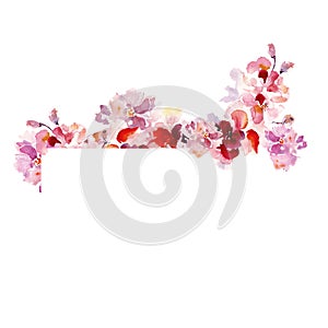 Watercolor floral frame border with delicate sakura pink flowers in shabby chic vintage style, on white background