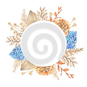 Watercolor floral frame with dried leaves, flowers and pampas. Dry tropical circle card. Beige, Ivory, Orange - modern colors.