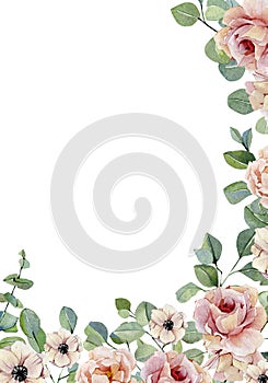Watercolor floral frame with flowers roses, peonies, anemones isolated on white background. Botanical illustration for cards, wedd