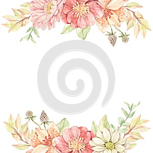 Watercolor floral frame with gentle field flowers, leaves, eucalyptus, branches. Botanical border with Ranunculus, lilies,