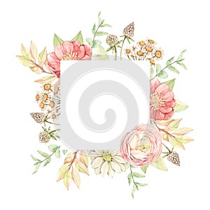 Watercolor floral frame with gentle field flowers, leaves, eucalyptus and branches. Squared botanical card with Ranunculus and