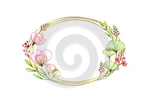 Watercolor floral frame with golden glitter and place for text. Hand painted botanical illustration. Horizontal oval