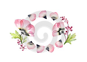 Watercolor floral frame. Horizontal banner template with place for text. Transparent tulip flowers and flying petals in