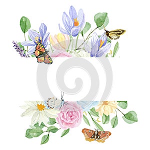 Watercolor floral frame illustration with crocus and eucalyptus, lavender, green leaves, for wedding stationery