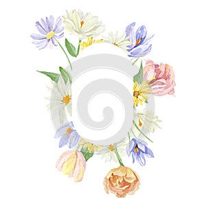 Watercolor floral frame illustration with crocus and tulips, green leaves, for wedding stationery, greeting card