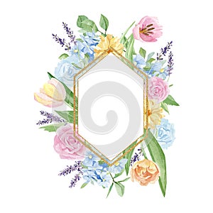 Watercolor floral frame illustration with hydrangea, rose and lavender, green leaves, for wedding stationery