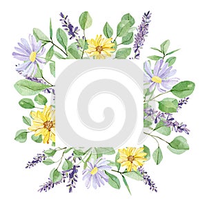 Watercolor floral frame illustration with lavender and eucalyptus, wildflowers, green leaves, for wedding stationery