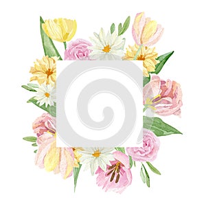 Watercolor floral frame illustration with rose, tulips, green leaves, for wedding stationery, greeting card, baby shower