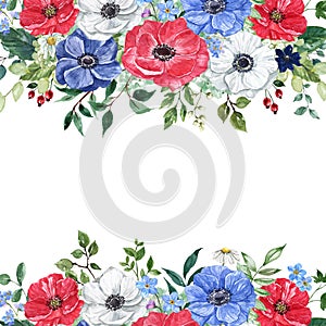 Watercolor floral frame, invitation template. Hand painted red, white and blue flowers, green leaves on white background