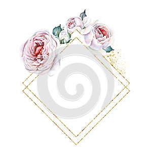 Watercolor Floral Frame. Roses Bouquets and floral elements. White and Pink Roses