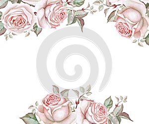 Watercolor floral frame with roses on white