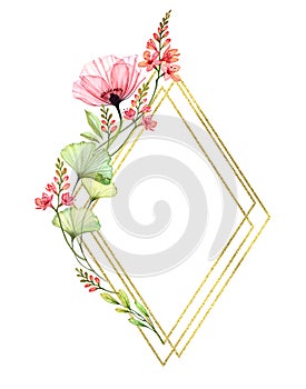Watercolor floral frame. Vertical golden glitter rhomb. Vibrant spring flowers and place for text. Hand painted spring photo