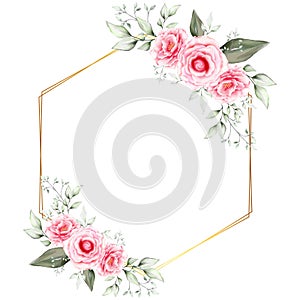 Watercolor Floral Frame Wedding Invitation Cards Template with Geometric Golden Frame. Hand Drawing Flower and Branches Save the