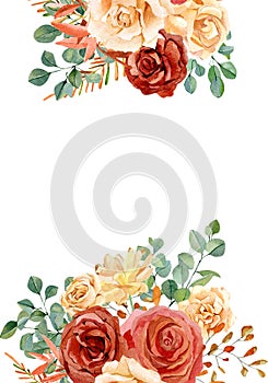 Watercolor floral frame wedding invitation, red and peach flowers roses and peonies, eucalyptus leaves.
