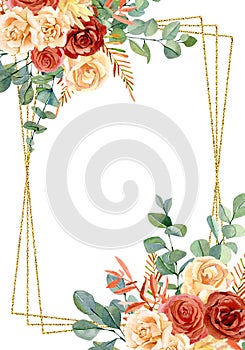 Watercolor floral frame wedding invitation, red and peach flowers roses and peonies, eucalyptus leaves.