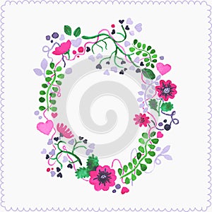 Watercolor floral frame or wreath. Greeting card.