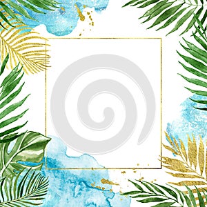 Watercolor floral geometric gold frame with tropical leaves isolated