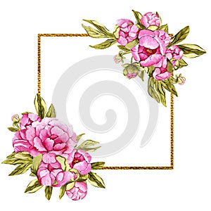 Watercolor floral gold frame made of pink peonies.  Floral decor, bride wreath