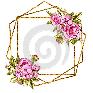 Watercolor floral gold frame made of pink peonies. Floral decor, bride wreath