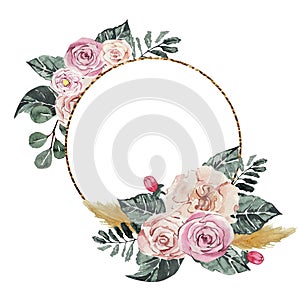 Watercolor floral gold frame made of pink peonies. Floral decor,  bride wreath