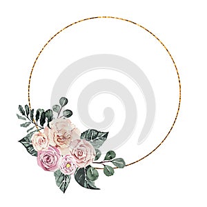 Watercolor floral gold frame made of pink peonies. Floral decor,  bride wreath