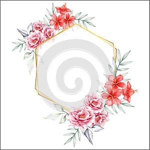 Watercolor Floral with Golden Geometric Frame. Hand Drawing Peony and Hibiscus Flowers Save the Date Multipurpose Cards